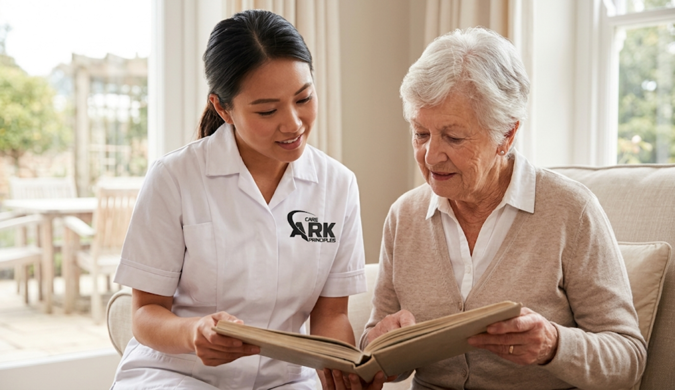 Ark Care Principles carer providing gentle dementia care to an elderly woman at home in Stockton-on-Tees