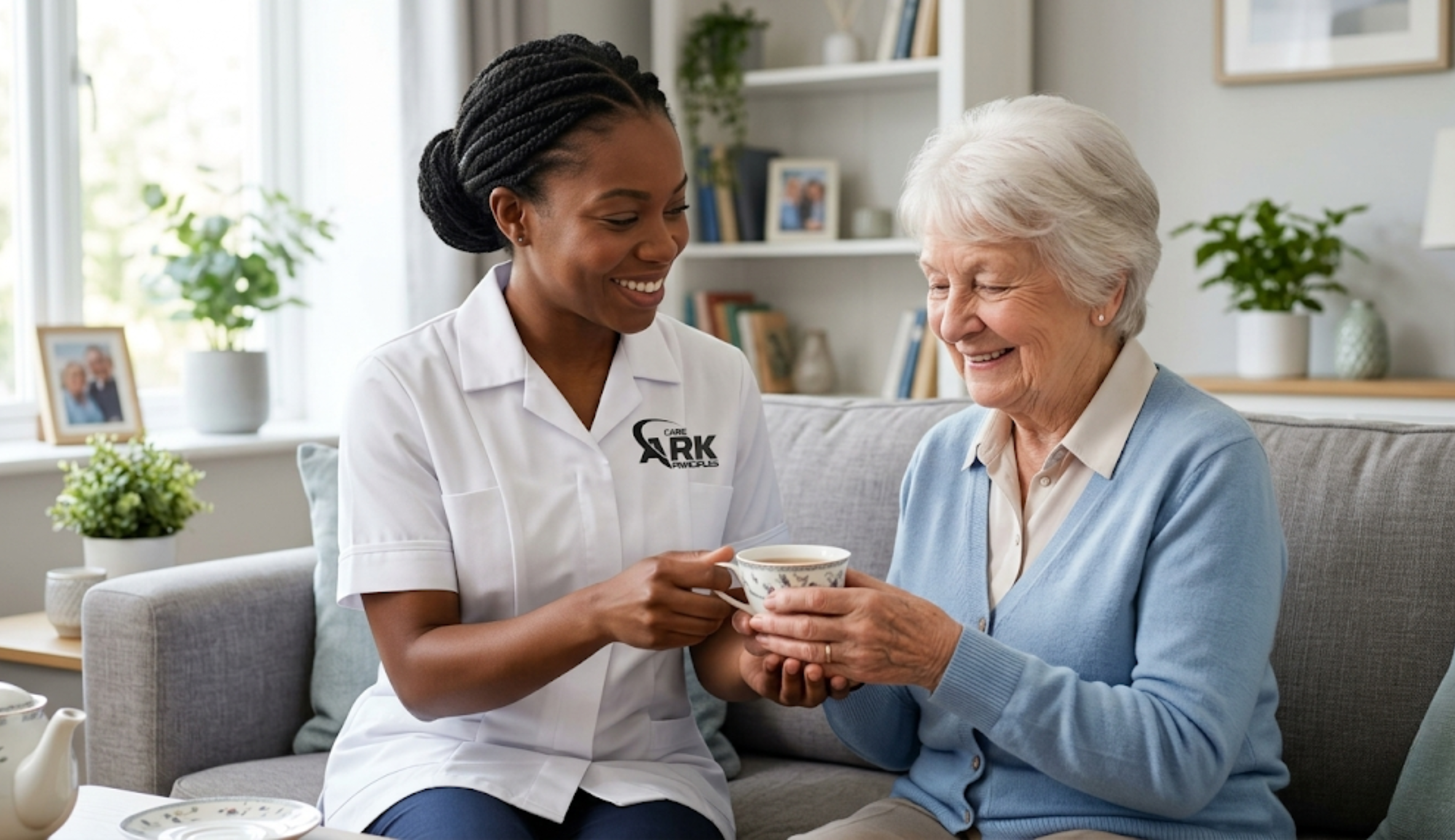 Ark Care Principles carer providing domiciliary care to an elderly woman at home in Stockton-on-Tees