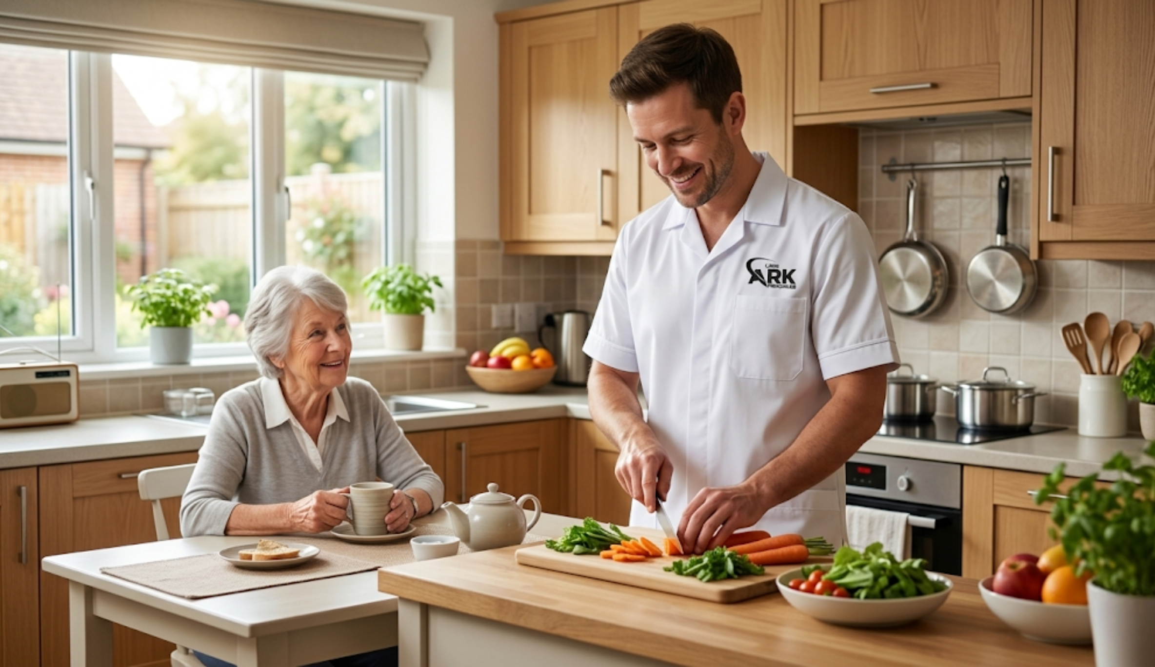 Ark Care Principles carer preparing a nutritious meal for an elderly woman at home in Stockton-on-Tees