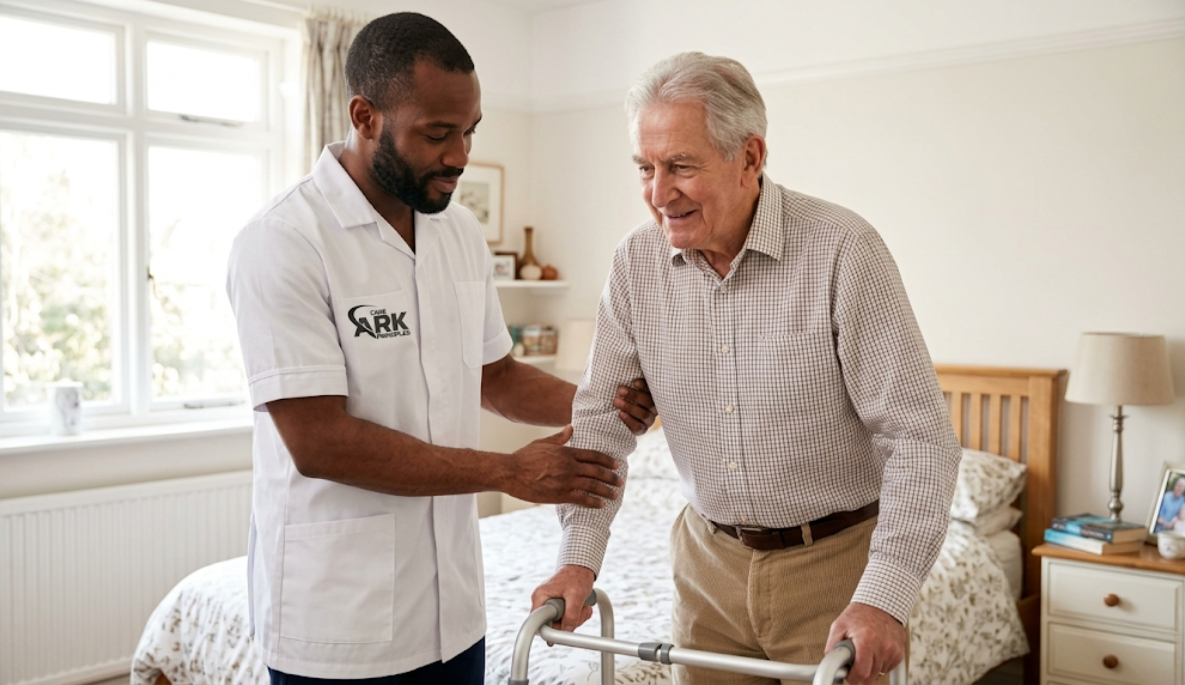 Ark Care Principles carer providing dignified personal care and mobility support to an elderly man in Stockton-on-Tees