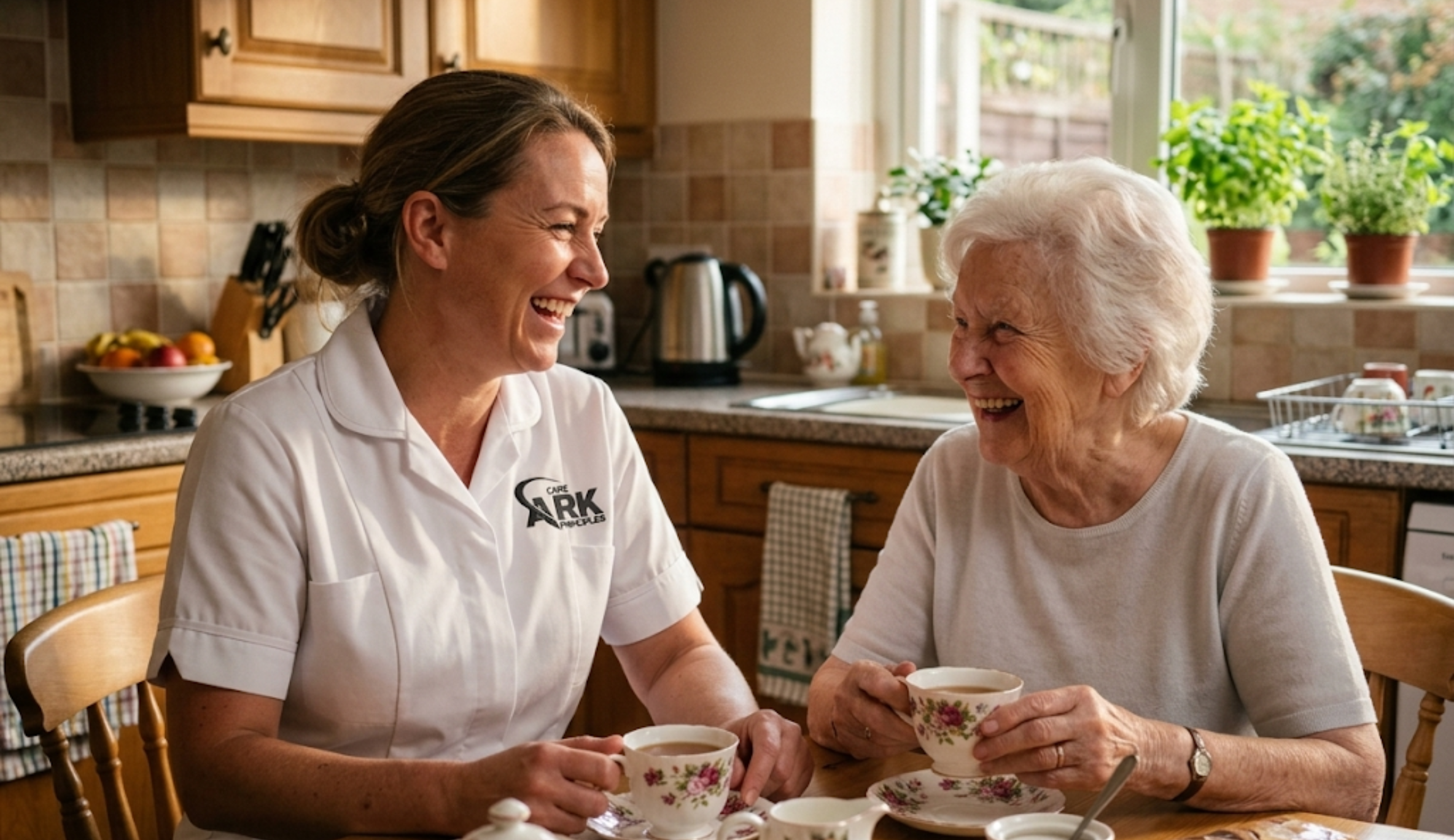 Happy client with her trusted Ark Care Principles carer in Stockton-on-Tees