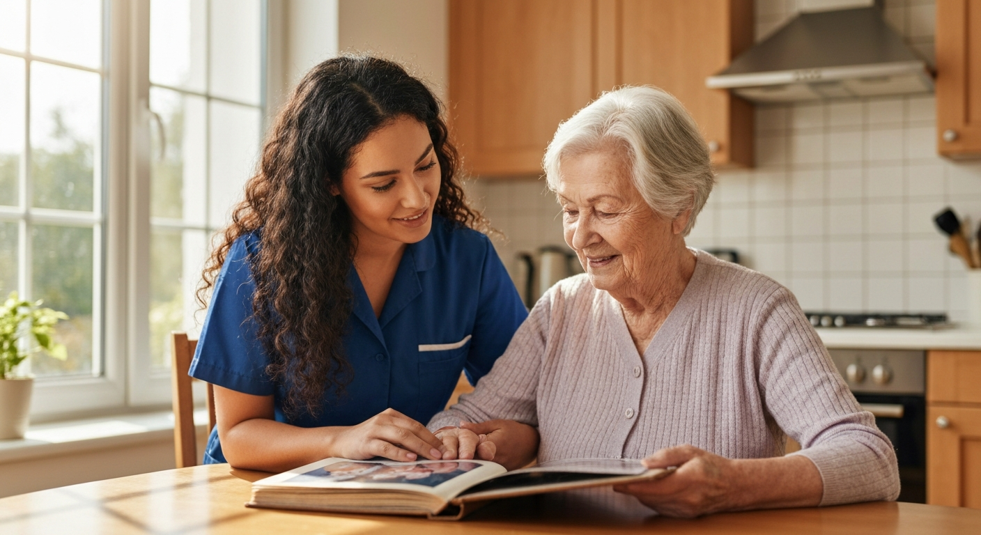 Ark Care Principles carer providing gentle dementia care to an elderly woman at home in Stockton-on-Tees