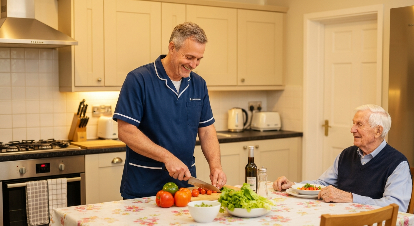 Ark Care Principles carer preparing a meal and supporting an elderly woman during a home care visit