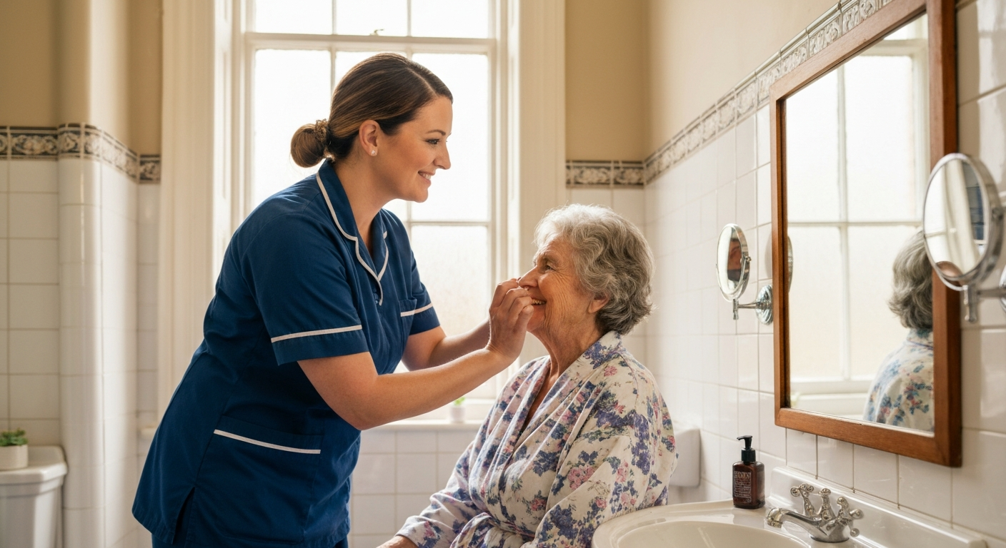 Ark Care Principles carer providing dignified personal care and mobility support to an elderly man in Stockton-on-Tees