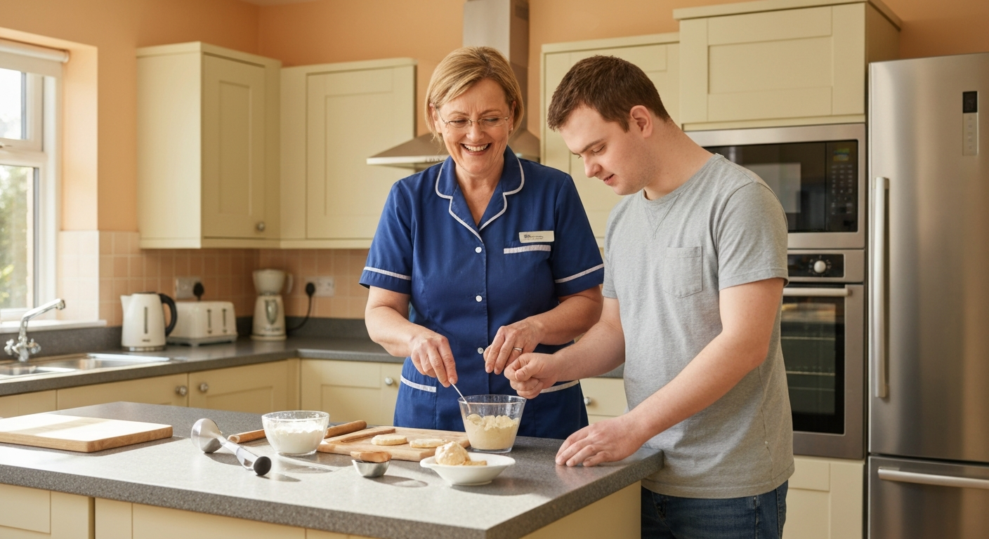 Carer providing learning disabilities support to a young adult