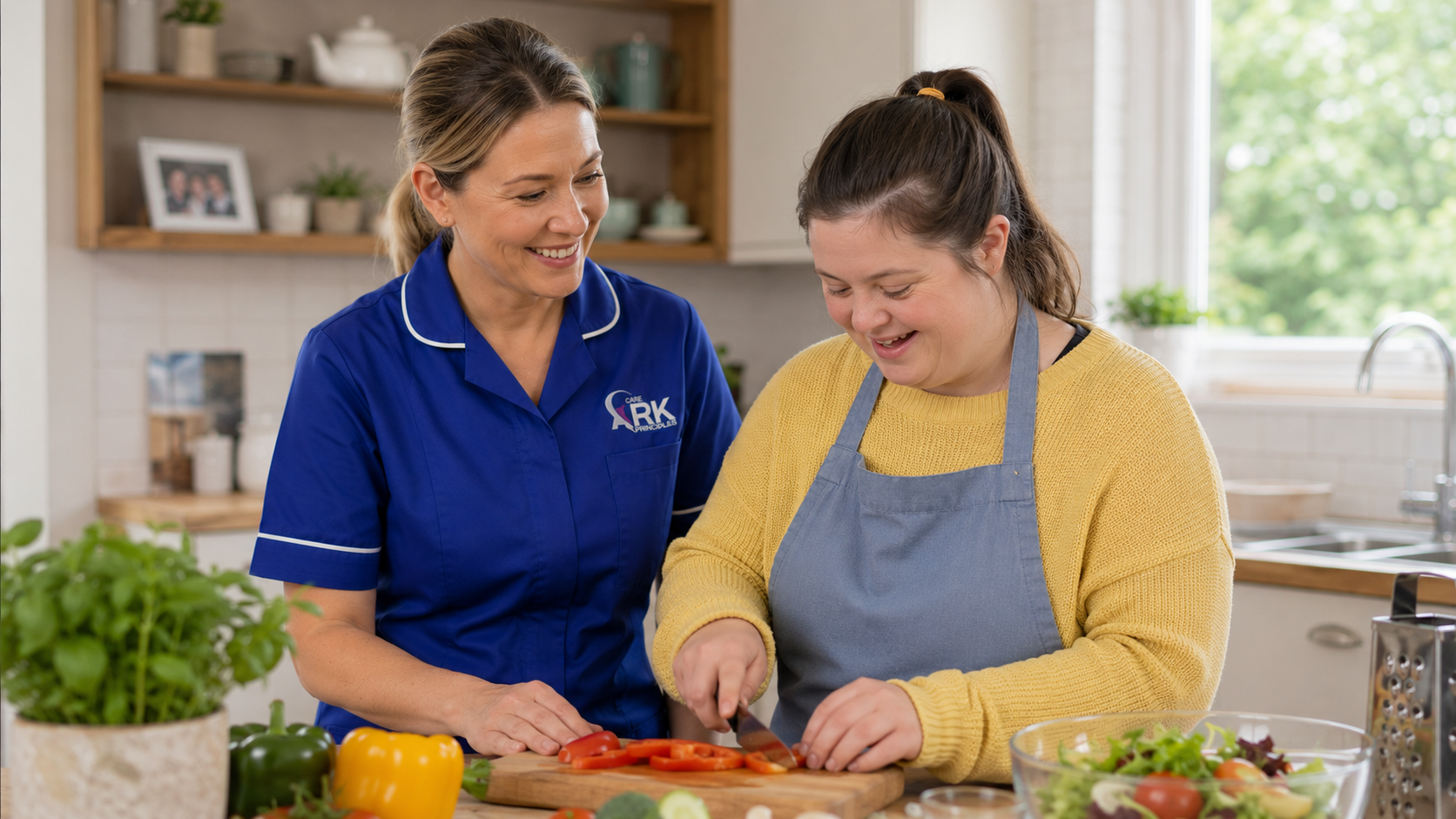 Ark Care Principles carer preparing a meal and supporting an elderly woman during a home care visit