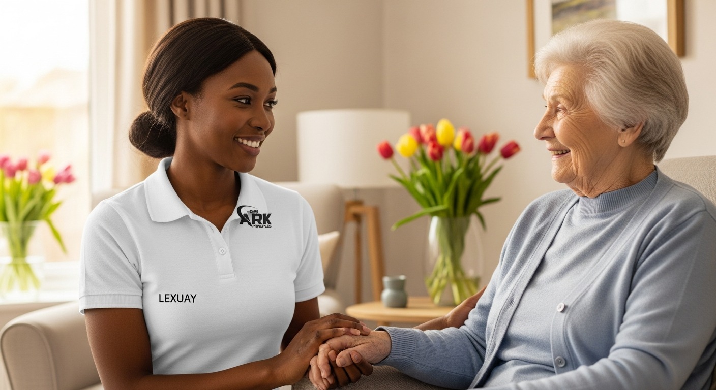 Ark Care Principles carer in white branded uniform holding hands with an elderly woman at home in Stockton-on-Tees